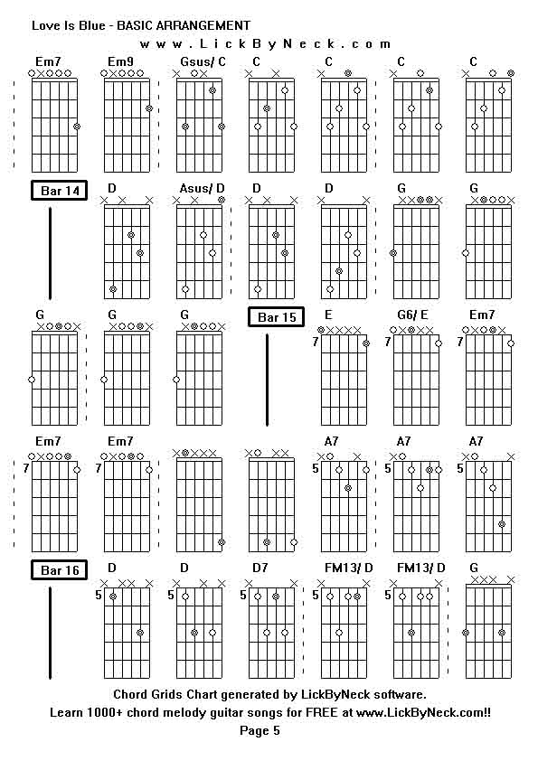 Chord Grids Chart of chord melody fingerstyle guitar song-Love Is Blue - BASIC ARRANGEMENT,generated by LickByNeck software.